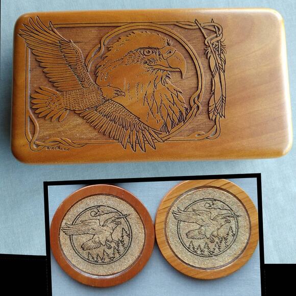Wilderness Woods Eagle Box & Set of 8 Cork Coasters laser etched wood vintage - Picture 1 of 15